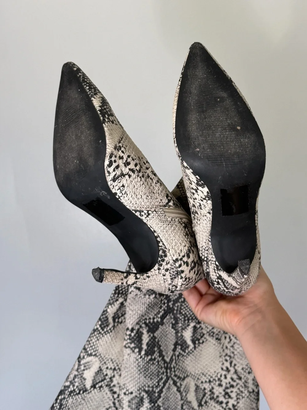 Snake-Print Over-the-Knee Pointed Toe Boot in Beige and Black